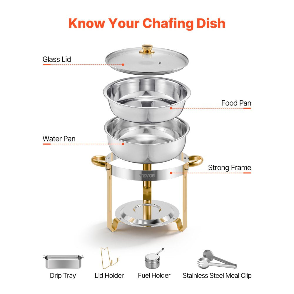 VEVOR Chafing Dish Buffet Set, 5 Qt 4 Pack, Stainless Steel Chafer with 4 Full Size Pan, Round Catering Warmer Server with Glass Lid Water Pan Folding Stand Fuel Holder, for Wedding Party Banquet, Gold
