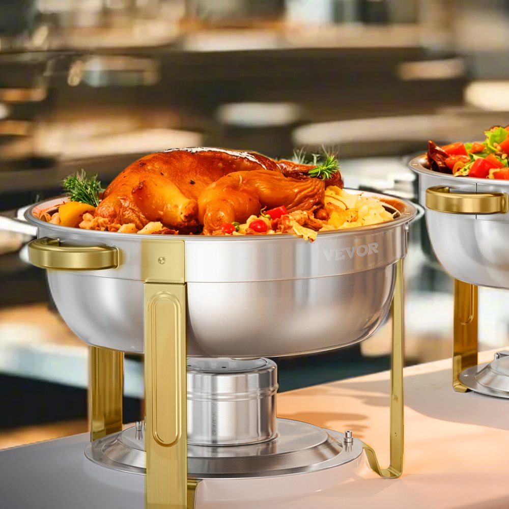 VEVOR Chafing Dish Buffet Set, 5 Qt 4 Pack, Stainless Steel Chafer with 4 Full Size Pan, Round Catering Warmer Server with Glass Lid Water Pan Folding Stand Fuel Holder, for Wedding Party Banquet, Gold