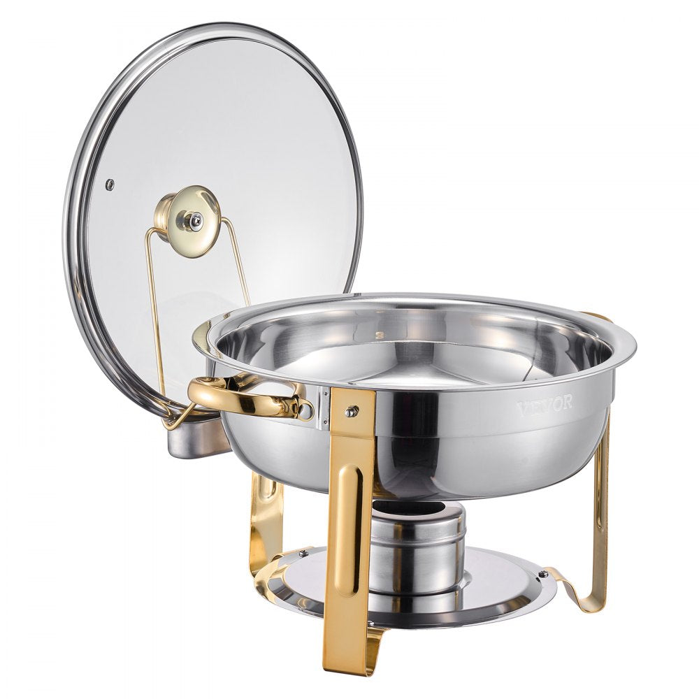 VEVOR Chafing Dish Buffet Set, 5 Qt 4 Pack, Stainless Steel Chafer with 4 Full Size Pan, Round Catering Warmer Server with Glass Lid Water Pan Folding Stand Fuel Holder, for Wedding Party Banquet, Gold