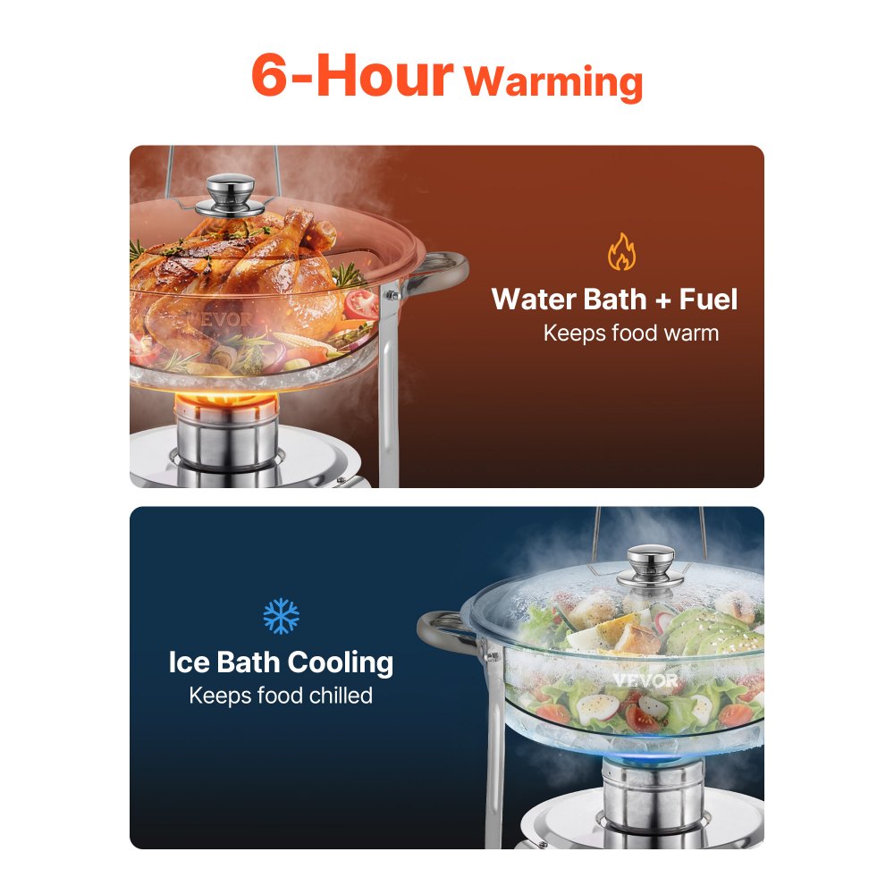 VEVOR Chafing Dish Buffet Set, 5 Qt 4 Pack, Stainless Steel Chafer with 4 Full Size Pan, Round Catering Warmer Server with Glass Lid Water Pan Folding Stand Fuel Holder, for Wedding Party Banquet