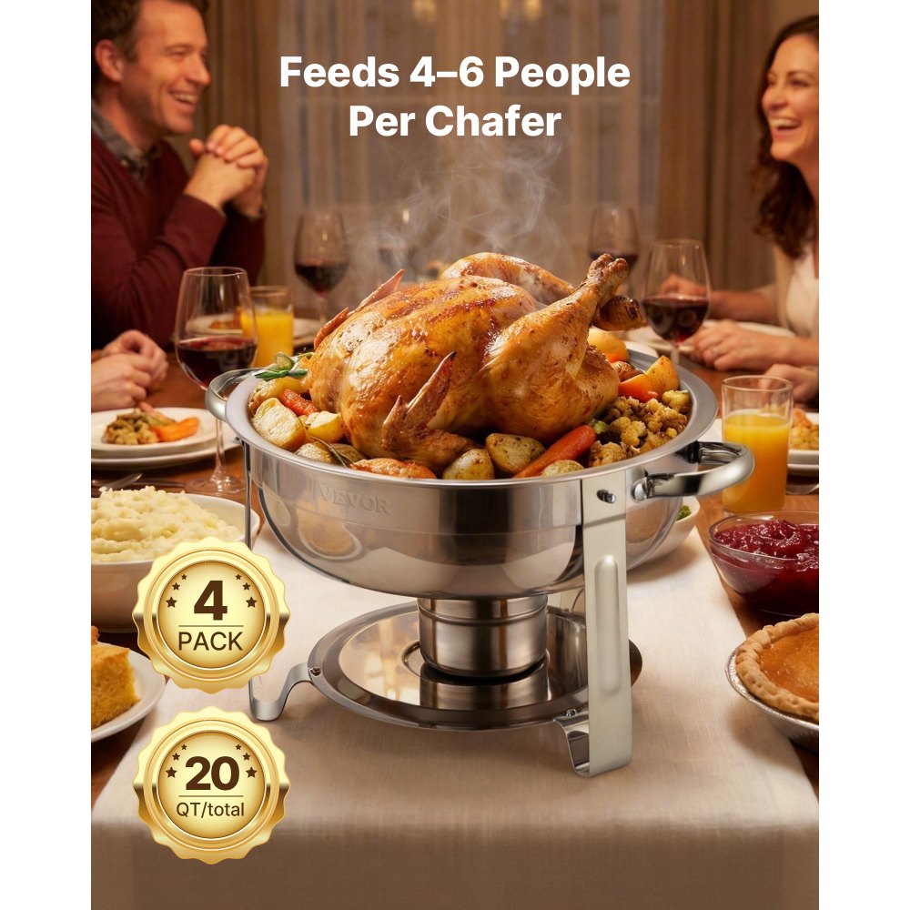 VEVOR Chafing Dish Buffet Set, 5 Qt 4 Pack, Stainless Steel Chafer with 4 Full Size Pan, Round Catering Warmer Server with Glass Lid Water Pan Folding Stand Fuel Holder, for Wedding Party Banquet