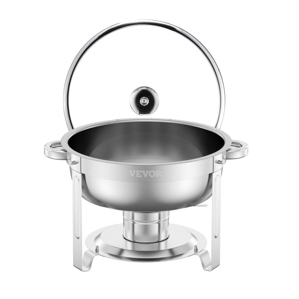 VEVOR Chafing Dish Buffet Set, 5 Qt 4 Pack, Stainless Steel Chafer with 4 Full Size Pan, Round Catering Warmer Server with Glass Lid Water Pan Folding Stand Fuel Holder, for Wedding Party Banquet