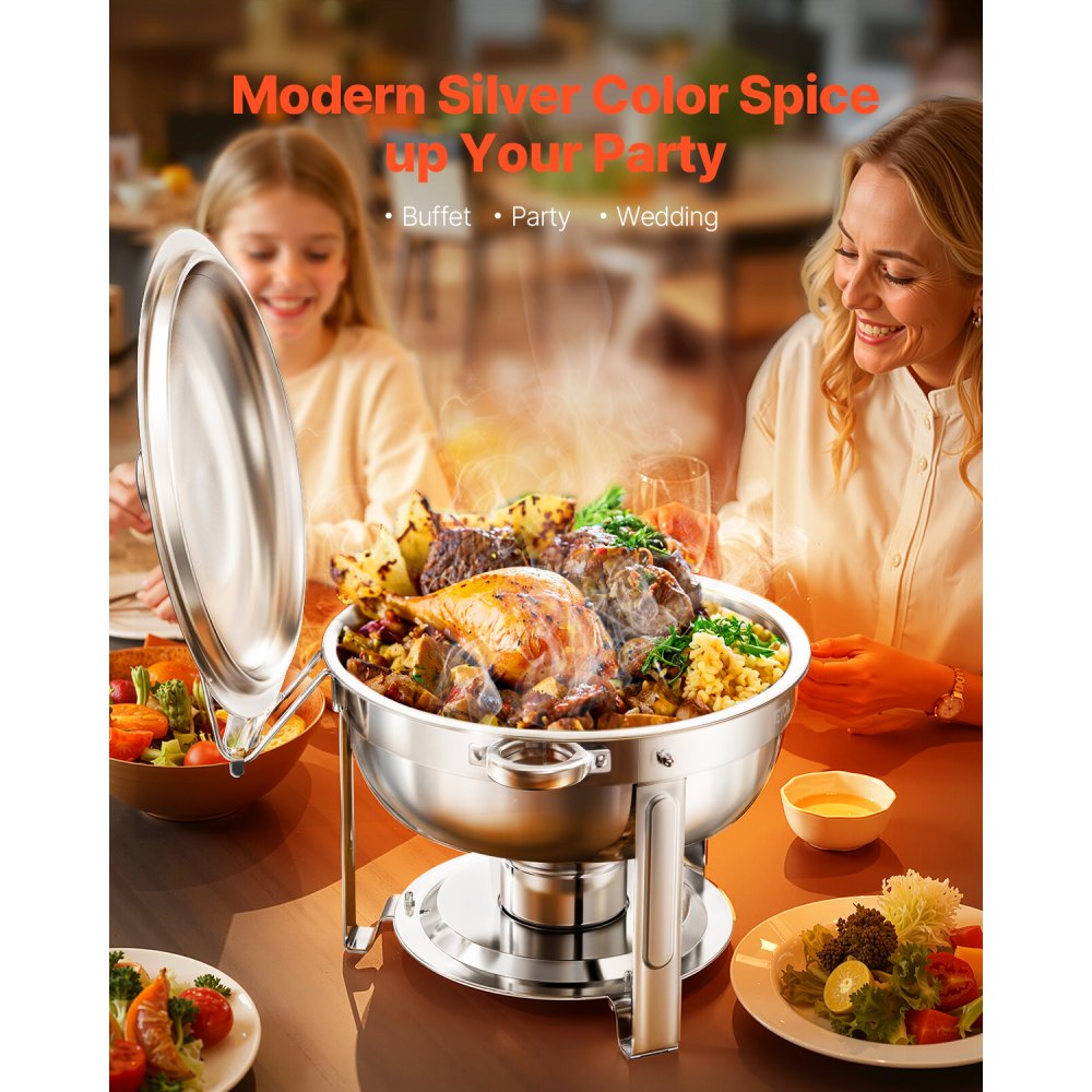 VEVOR Chafing Dish Buffet Set, 5 Qt 2 Pack, Stainless Steel Chafer with 2 Full Size Pans, Round Catering Warmer Server with Lid Water Pan Folding Stand Clip, for Weddings Parties Banquets, Silver