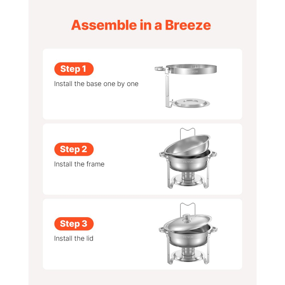 VEVOR Chafing Dish Buffet Set, 5 Qt 2 Pack, Stainless Steel Chafer with 2 Full Size Pans, Round Catering Warmer Server with Lid Water Pan Folding Stand Clip, for Weddings Parties Banquets, Silver