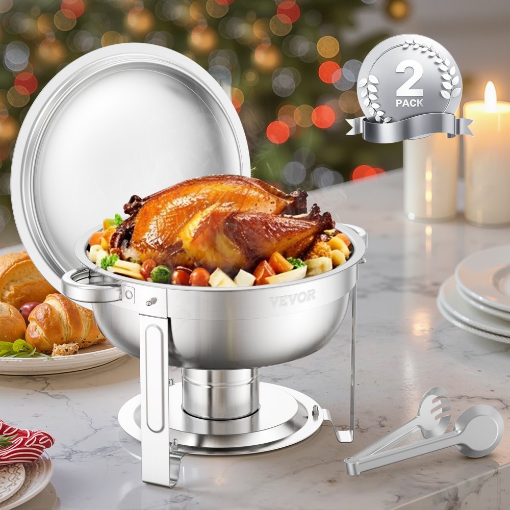 VEVOR Chafing Dish Buffet Set, 5 Qt 2 Pack, Stainless Steel Chafer with 2 Full Size Pans, Round Catering Warmer Server with Lid Water Pan Folding Stand Clip, for Weddings Parties Banquets, Silver