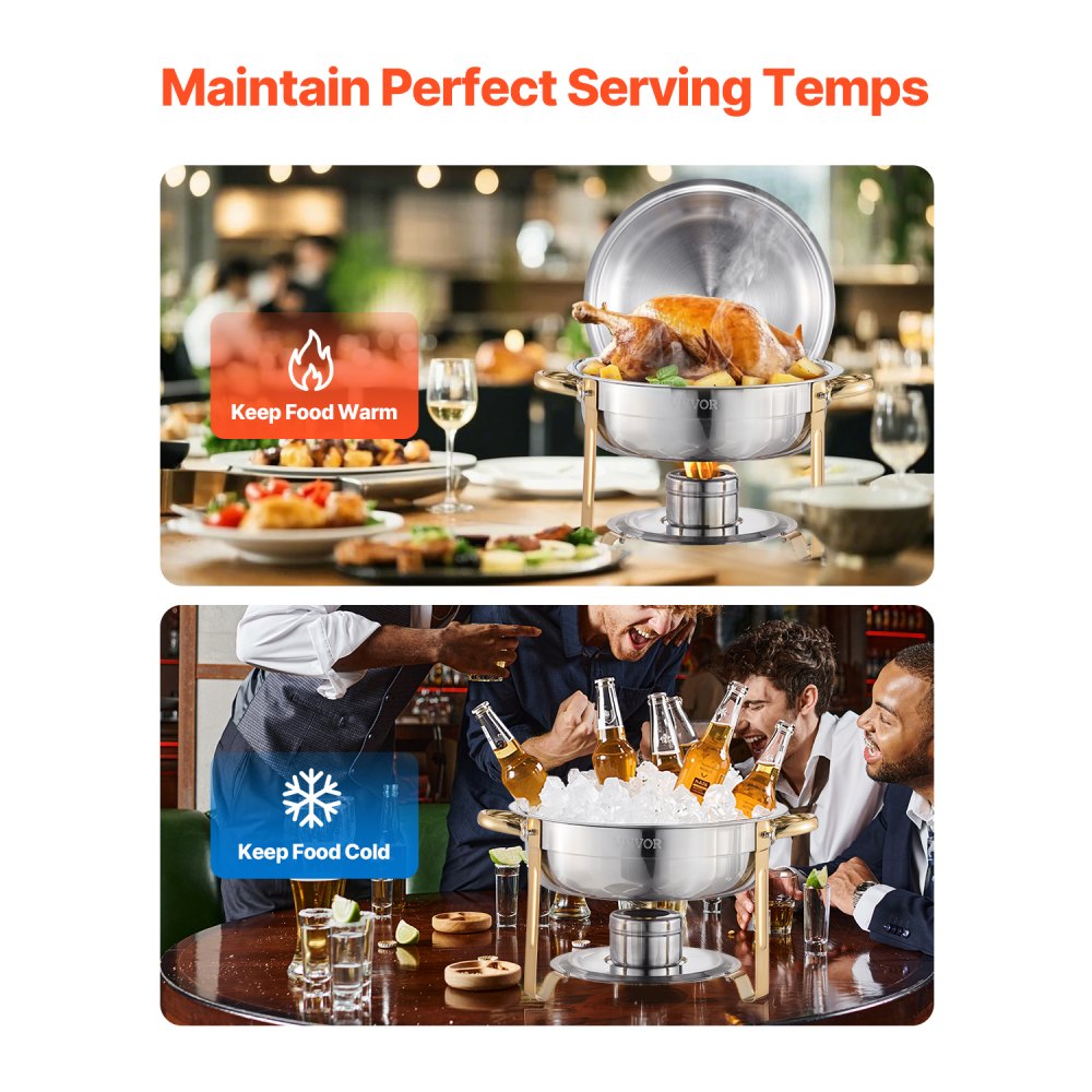 VEVOR Chafing Dish Buffet Set, 5 Qt 4 Pack, Stainless Steel Chafer with 4 Full Size Pans, Round Catering Warmer Server with Lid Water Pan Folding Stand Clip, for Weddings Parties Banquets, Gold