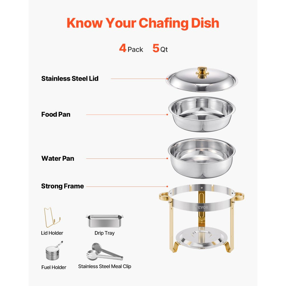 VEVOR Chafing Dish Buffet Set, 5 Qt 4 Pack, Stainless Steel Chafer with 4 Full Size Pans, Round Catering Warmer Server with Lid Water Pan Folding Stand Clip, for Weddings Parties Banquets, Gold