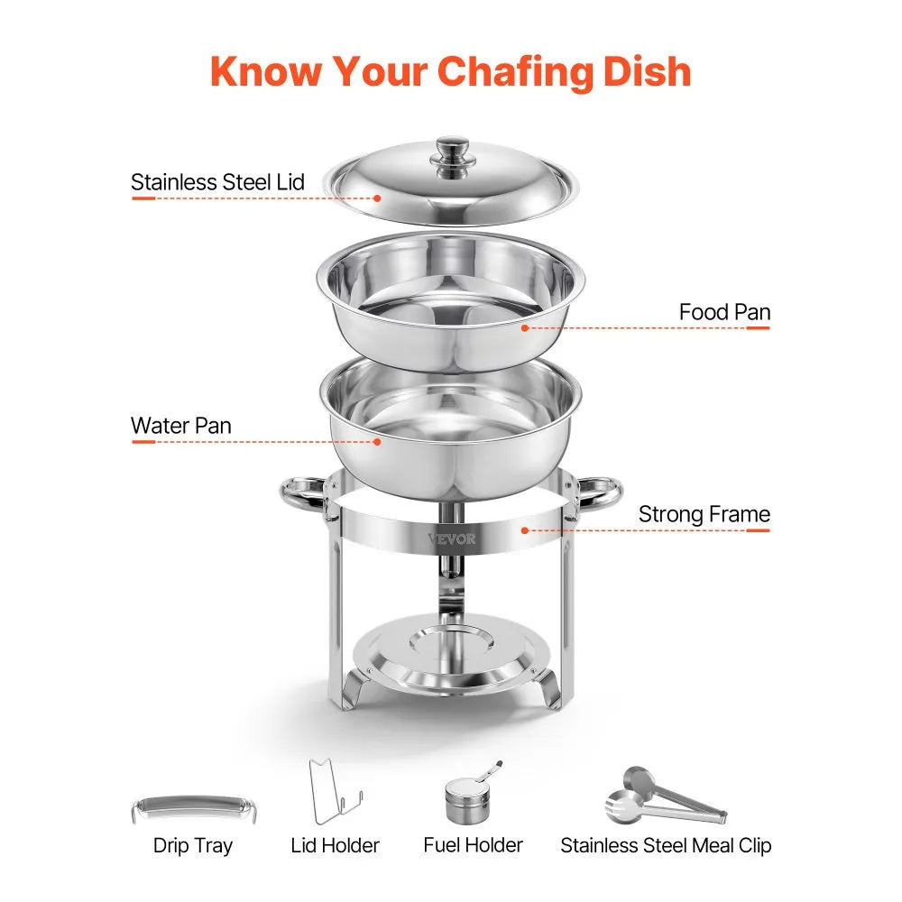 VEVOR Chafing Dish Buffet Set, 5 Qt 4 Pack, Stainless Steel Chafer with 4 Full Size Pans, Round Catering Warmer Server with Lid Water Pan Folding Stand Clip, for Weddings Parties Banquets, Silver