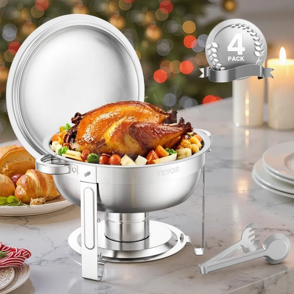 VEVOR Chafing Dish Buffet Set, 5 Qt 4 Pack, Stainless Steel Chafer with 4 Full Size Pans, Round Catering Warmer Server with Lid Water Pan Folding Stand Clip, for Weddings Parties Banquets, Silver