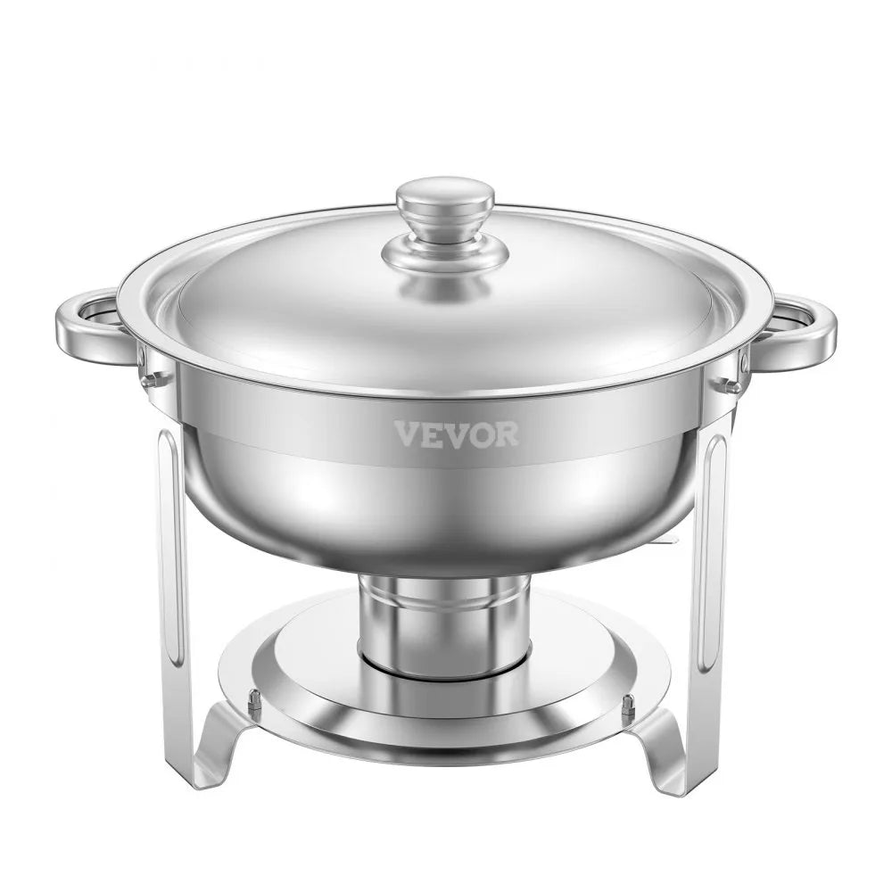 VEVOR Chafing Dish Buffet Set, 5 Qt 4 Pack, Stainless Steel Chafer with 4 Full Size Pans, Round Catering Warmer Server with Lid Water Pan Folding Stand Clip, for Weddings Parties Banquets, Silver