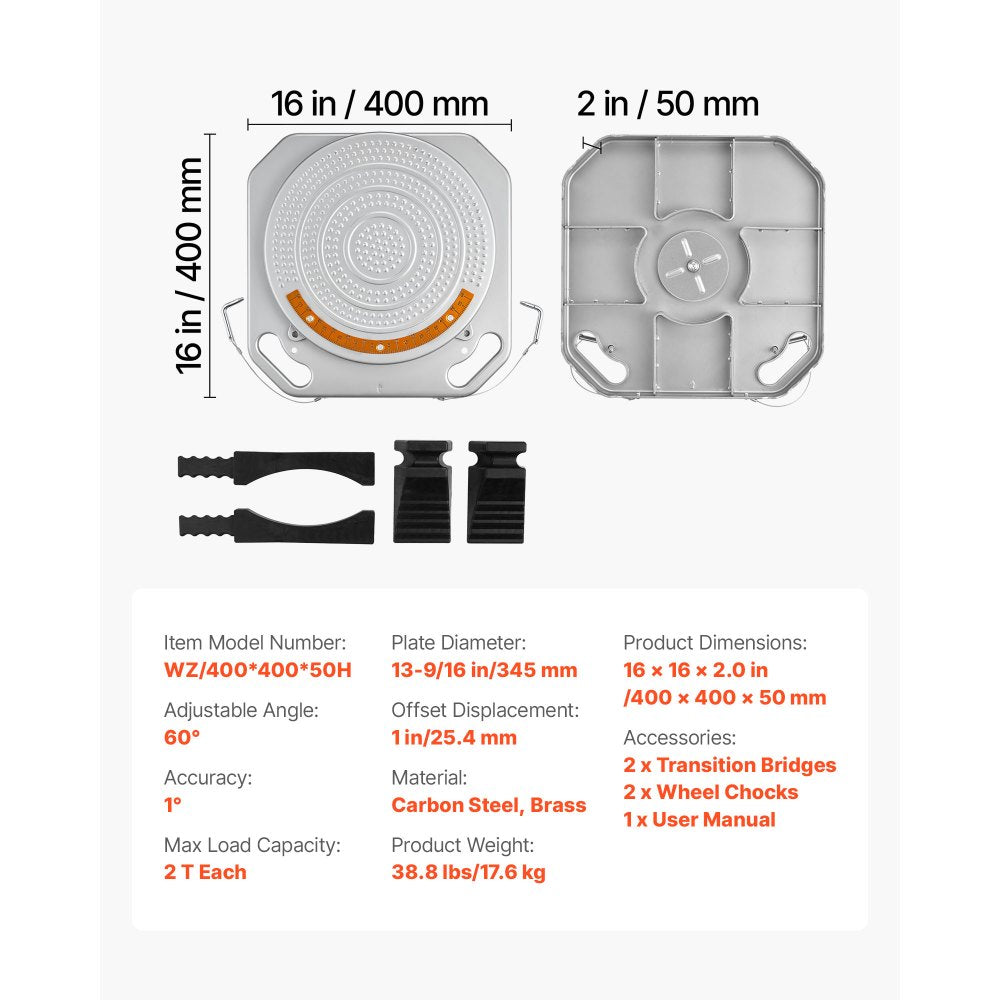 VEVOR Wheel Alignment Turn Plates, 2 PCS, 2-Ton Capacity per Plate, Brass Dial Measurements, 360° Rotating Turntable Wheel Alignment Tool with Transition Bridge & Thrust Block for Car SUV Light Truck