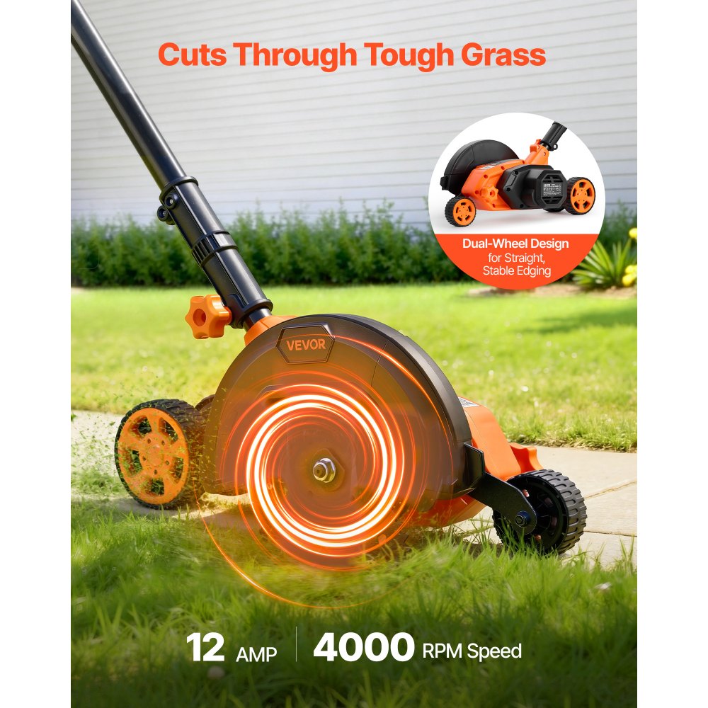 VEVOR Lawn Edger, 8-inch Blade Length, 12 Amp Electric Edger Lawn Tool, 4000 RPM, with 3-Position Blade Depth, 65 Mn, Pivoting Handle, Dual Wheels, for Lawns, Driveways, Yards, and Sidewalk Edges