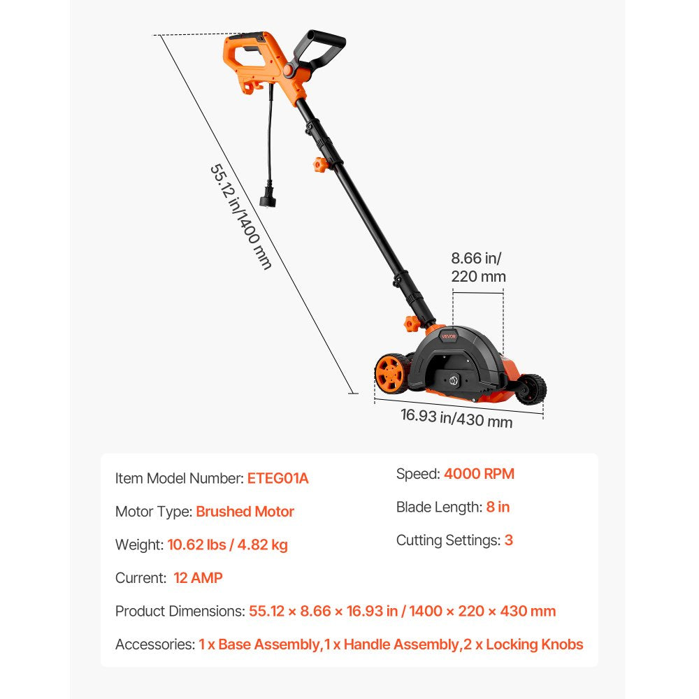 VEVOR Lawn Edger, 8-inch Blade Length, 12 Amp Electric Edger Lawn Tool, 4000 RPM, with 3-Position Blade Depth, 65 Mn, Pivoting Handle, Dual Wheels, for Lawns, Driveways, Yards, and Sidewalk Edges
