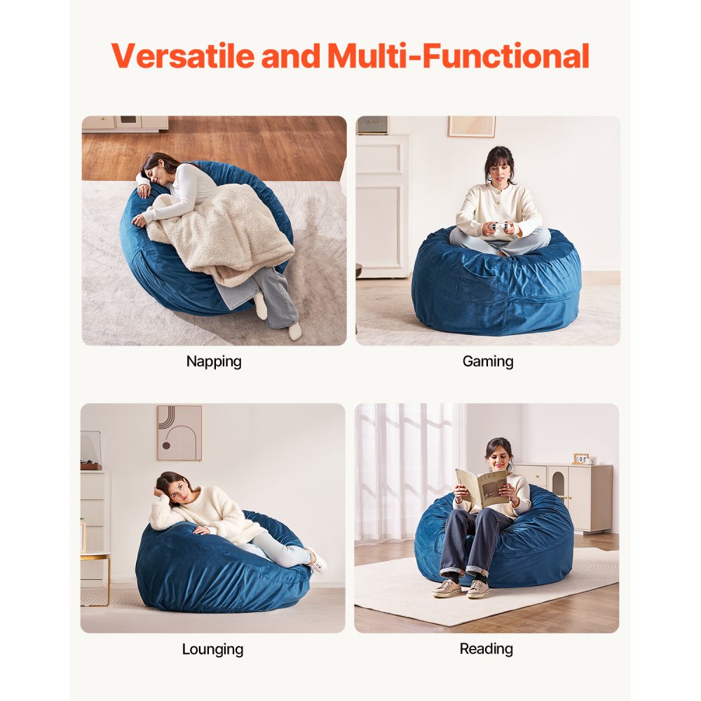 VEVOR Bean Bag Chair, Round BeanBag Chair with Removable & Washable Cover for Adult, Dutch Velvet & High-Density Foam Filling Adult Bean Bag with Handle and Side Pocket for Living Room, Bedroom, Blue