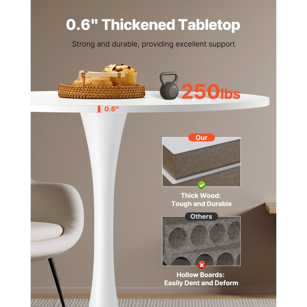 VEVOR Round Dining Table, 31.5 in Wood Table for 2-4 Person, Modern Circle Furniture, Leisure Coffee Office Tables with Pedestal Base in Tulip Design, for Home Kitchen Living Room, White(Only Table)