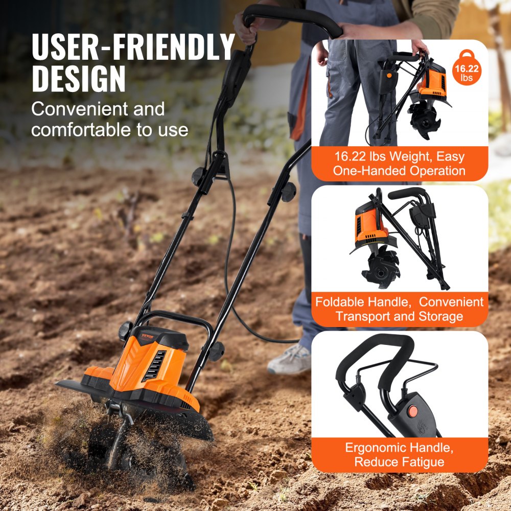 VEVOR 10 Amp Electric Tiller, 14" Tilling Width 3.94" Tilling Depth Corded Electric Tiller/Cultivator, Steel Mn Tines, Rototiller for Garden Lawn Soil Digging
