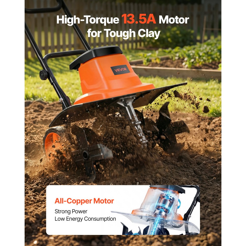 VEVOR Corded Electric Tiller, 18 Inch Tilling Width Garden Rototiller, 13.5-Amp Motor Heavy-Duty Tilling Machine, Cultivator with Steel Tines and Foldable Handle, for Lawn, Yard, and Gardening Care