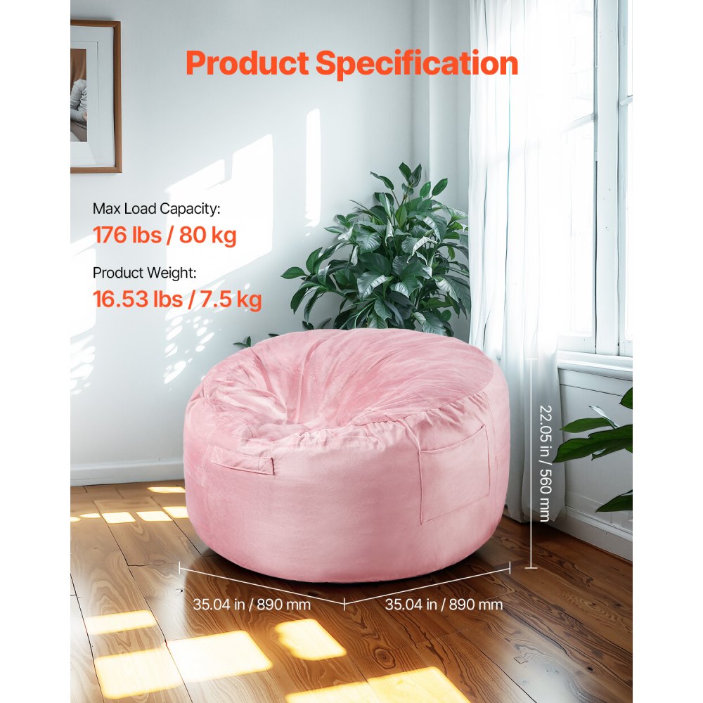 VEVOR Bean Bag Chair, 3 feet Round Bean Bag Chair with Removable and Washable Cover, 25D Memory Foam Filled with Soft and Smooth Dutch Velvet, Bean Bag for Bedroom or Playroom, Pink