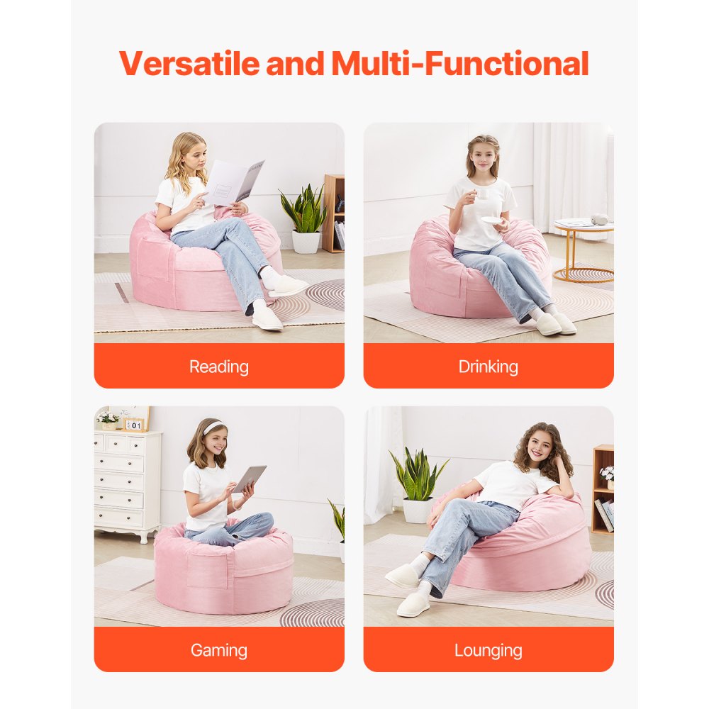 VEVOR Bean Bag Chair, 3 feet Round Bean Bag Chair with Removable and Washable Cover, 25D Memory Foam Filled with Soft and Smooth Dutch Velvet, Bean Bag for Bedroom or Playroom, Pink
