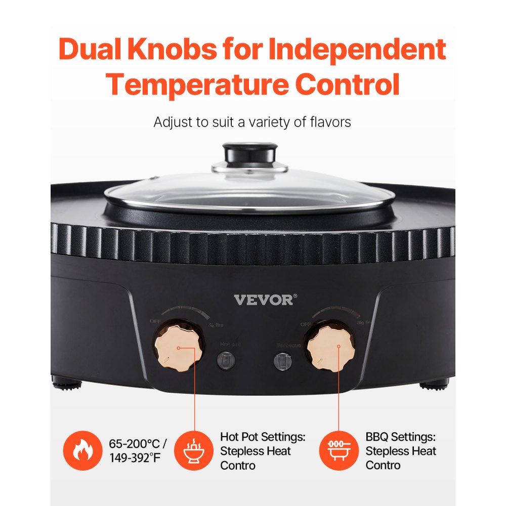 VEVOR Hot Pot with Grill, 1800W 2-in-1 Electric Smokeless Grill and Hot Pot, Korean BBQ Shabu Shabu Hotpot with Separate Dual Temperature Control, Non-stick Pan, for 2-8 People Family Dining