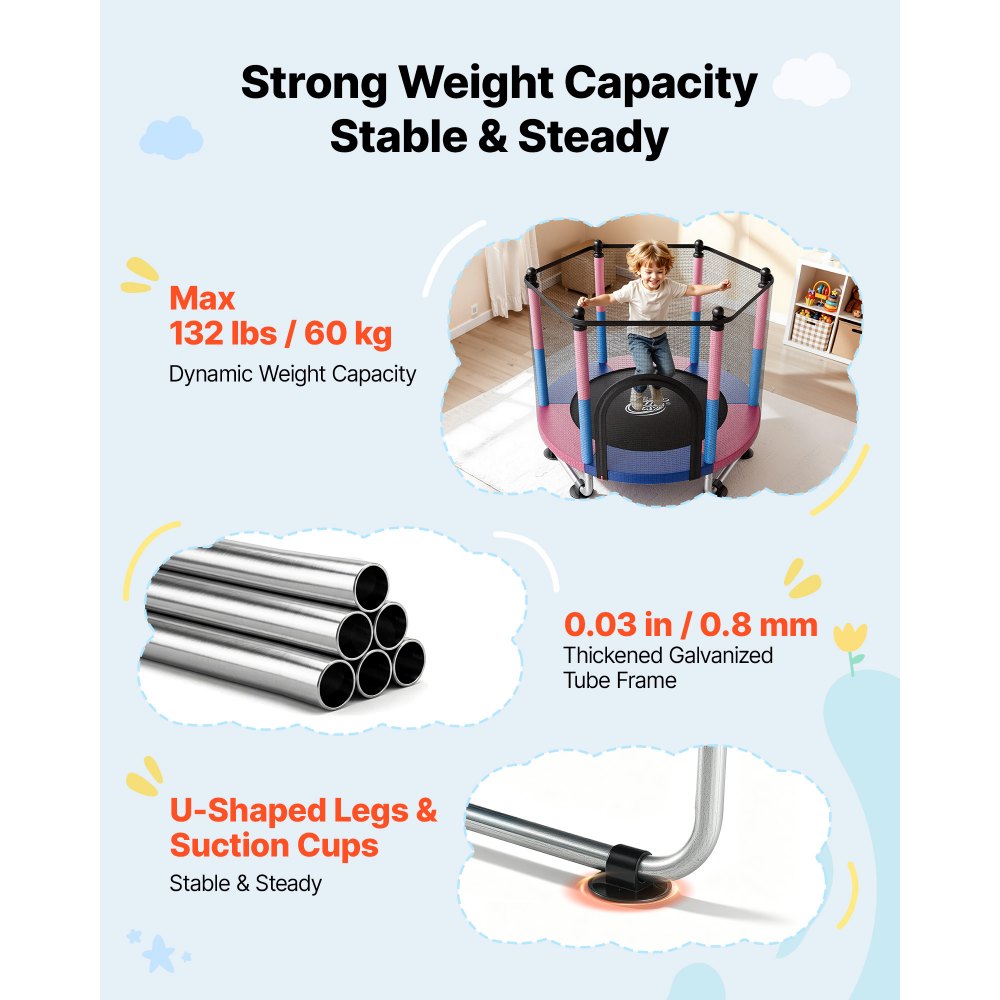 VEVOR 55" Trampoline for Kids, 4.6 FT Toddler Mini Trampoline, 132 lbs Capacity Indoor Outdoor Play Toys with Enclosure Net, Swing, and Basketball Hoop, Christmas Toys Birthday Gifts for Girls Boys