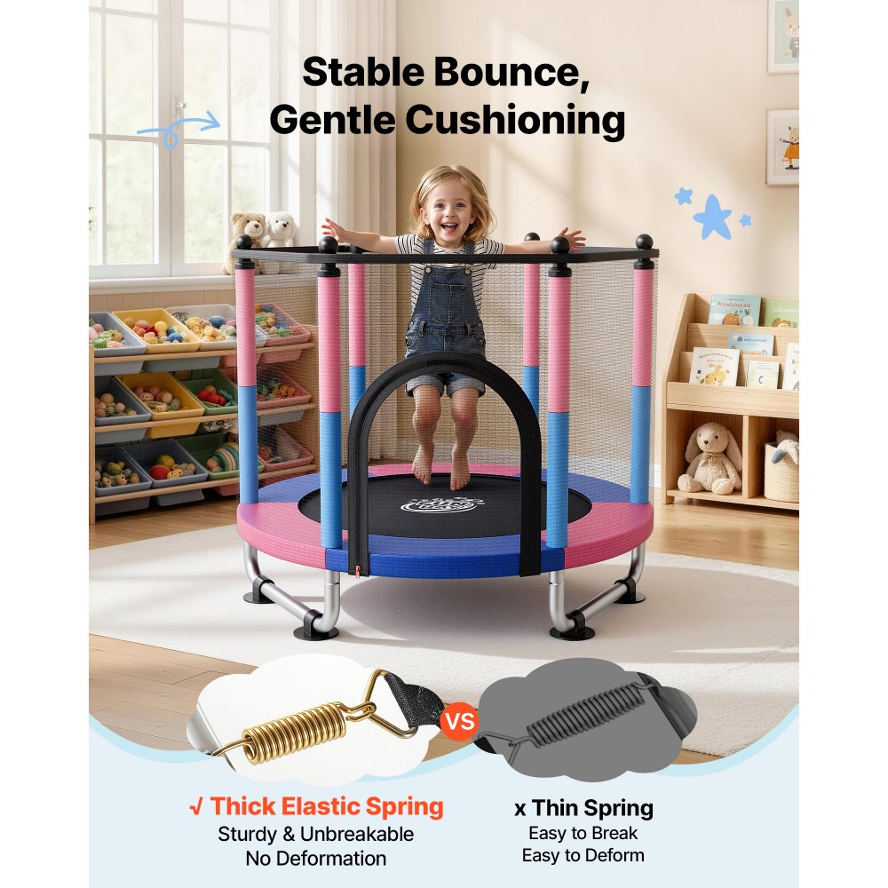 VEVOR 55" Trampoline for Kids, 4.6 FT Toddler Mini Trampoline, 132 lbs Capacity Indoor Outdoor Play Toys with Enclosure Net, Swing, and Basketball Hoop, Christmas Toys Birthday Gifts for Girls Boys