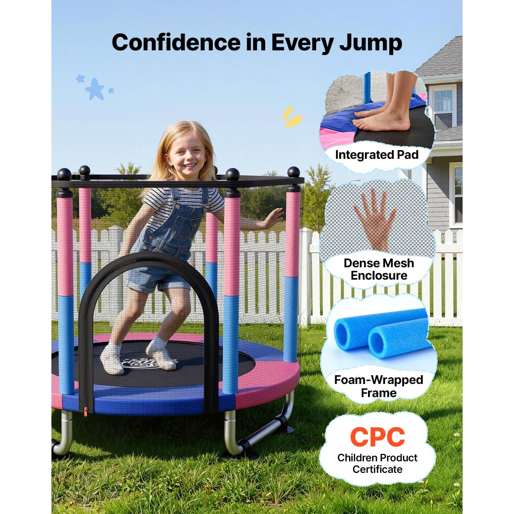 VEVOR 55" Trampoline for Kids, 4.6 FT Toddler Mini Trampoline, 132 lbs Capacity Indoor Outdoor Play Toys with Enclosure Net, Swing, and Basketball Hoop, Christmas Toys Birthday Gifts for Girls Boys