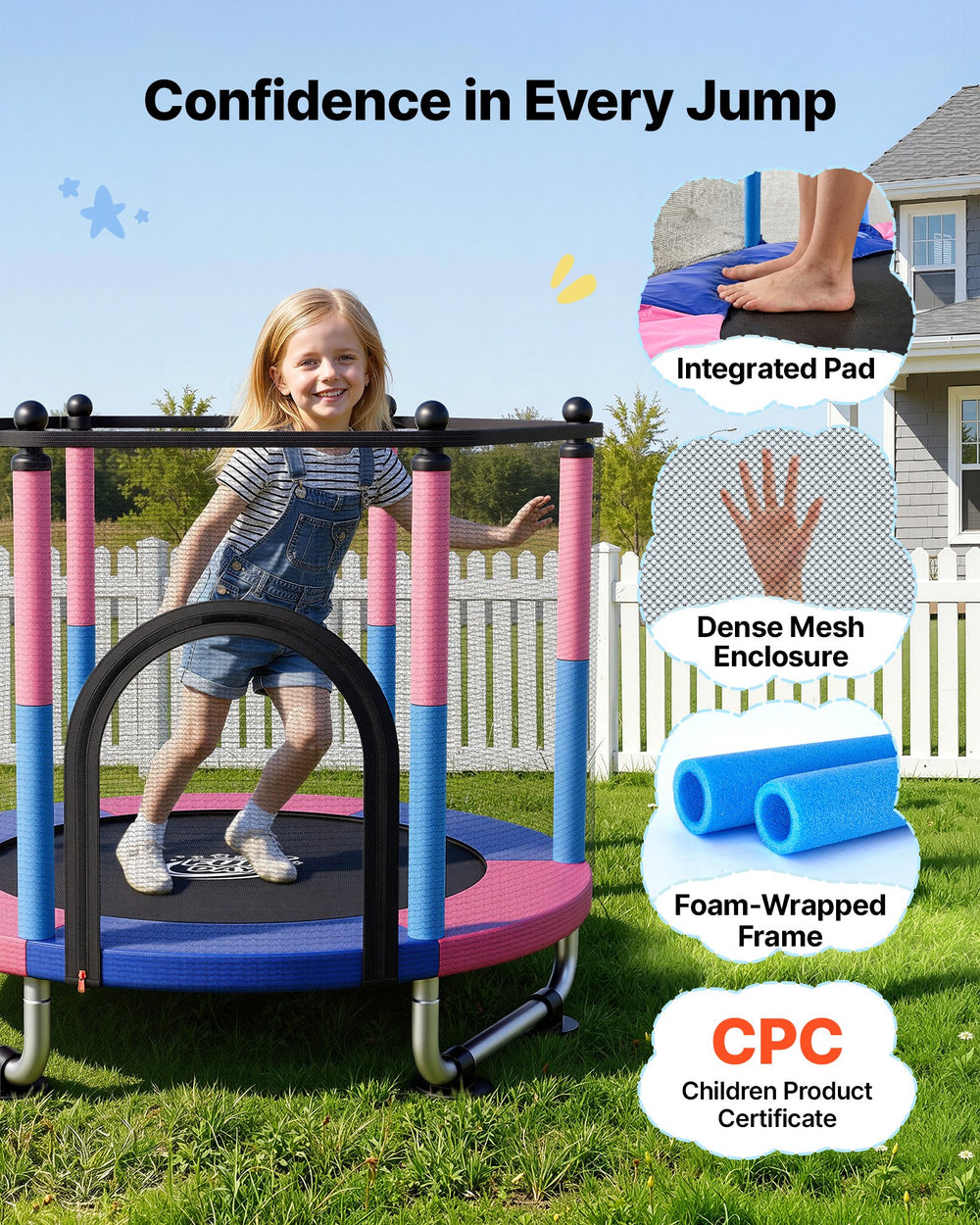 VEVOR 55" Trampoline for Kids, 4.6 FT Toddler Mini Trampoline, 132 lbs Capacity Indoor Outdoor Play Toys with Enclosure Net, Swing, and Basketball Hoop, Christmas Toys Birthday Gifts for Girls Boys
