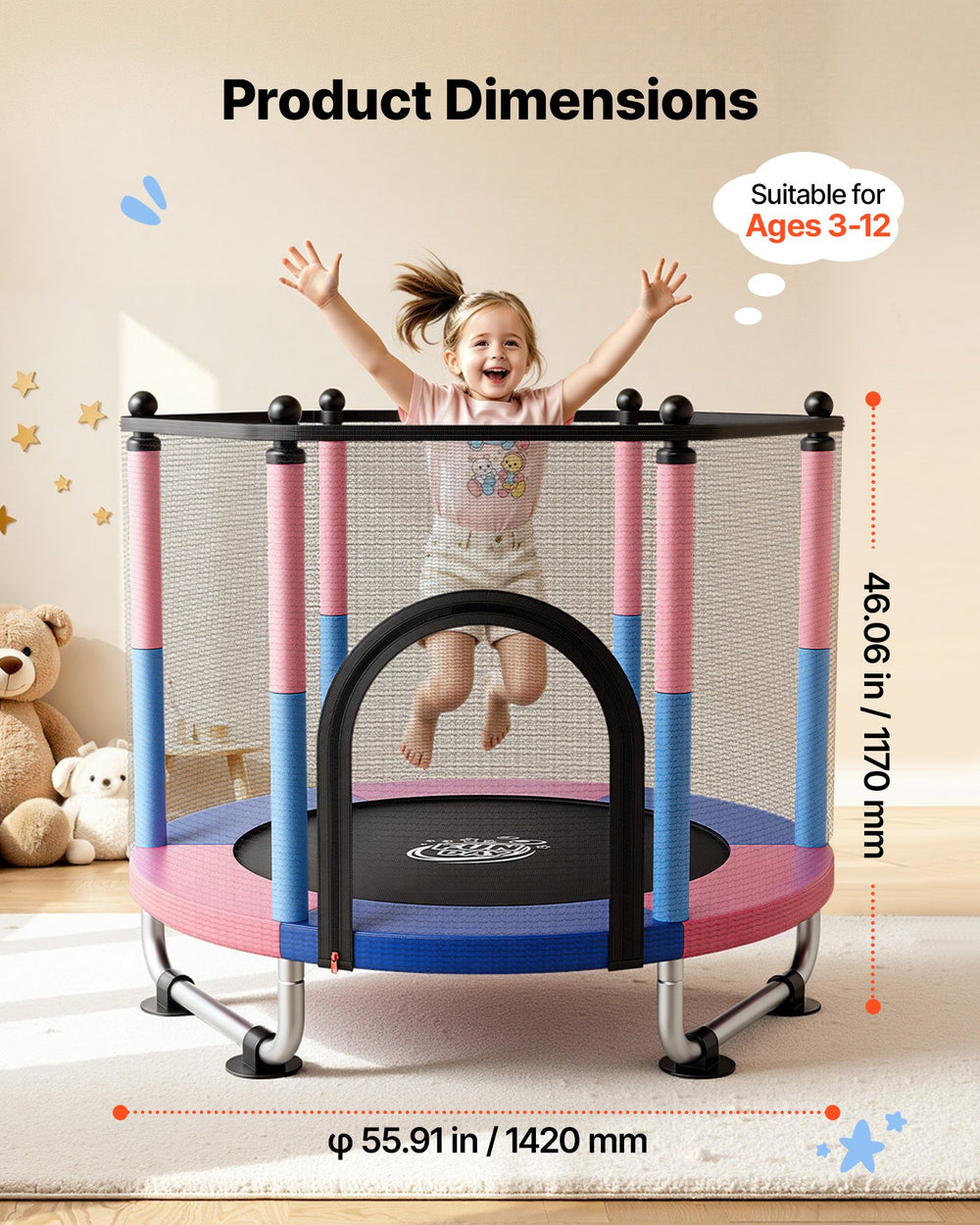 VEVOR 55" Trampoline for Kids, 4.6 FT Toddler Mini Trampoline, 132 lbs Capacity Indoor Outdoor Play Toys with Enclosure Net, Swing, and Basketball Hoop, Christmas Toys Birthday Gifts for Girls Boys