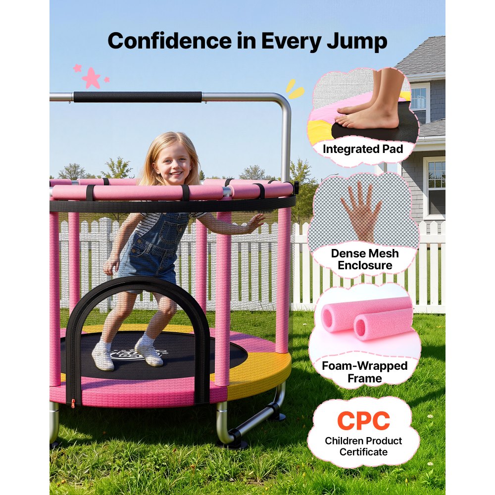 VEVOR 60" Trampoline for Kids, 5 FT Toddler Mini Trampoline, 132 lbs Indoor Outdoor Play Toys with Enclosure Net and Adjustable Gymnastics Bar, Christmas Toys Birthday Gifts for Girls Boys