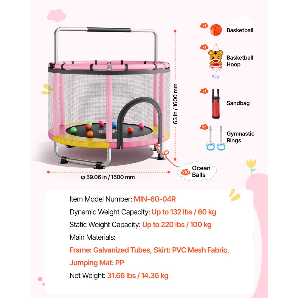 VEVOR 60" Trampoline for Kids, 5 FT Toddler Mini Trampoline, 132 lbs Indoor Outdoor Play Toys with Enclosure Net and Adjustable Gymnastics Bar, Christmas Toys Birthday Gifts for Girls Boys