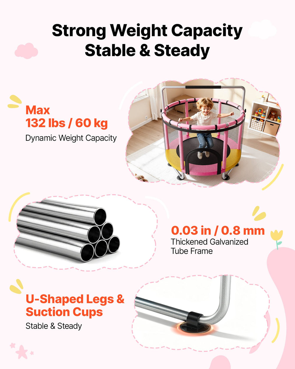 VEVOR 60" Trampoline for Kids, 5 FT Toddler Mini Trampoline, 132 lbs Indoor Outdoor Play Toys with Enclosure Net and Adjustable Gymnastics Bar, Christmas Toys Birthday Gifts for Girls Boys