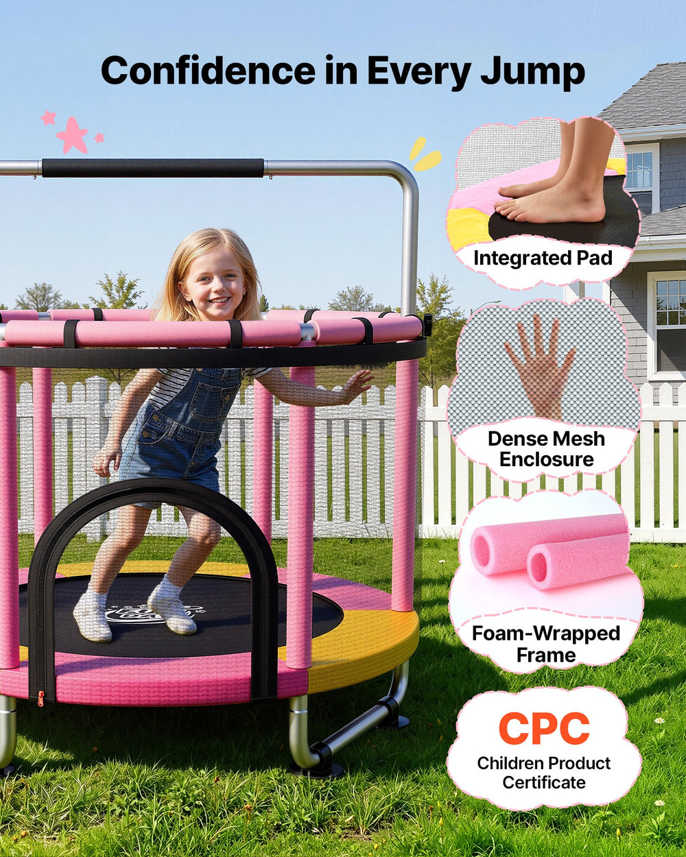 VEVOR 60" Trampoline for Kids, 5 FT Toddler Mini Trampoline, 132 lbs Indoor Outdoor Play Toys with Enclosure Net and Adjustable Gymnastics Bar, Christmas Toys Birthday Gifts for Girls Boys