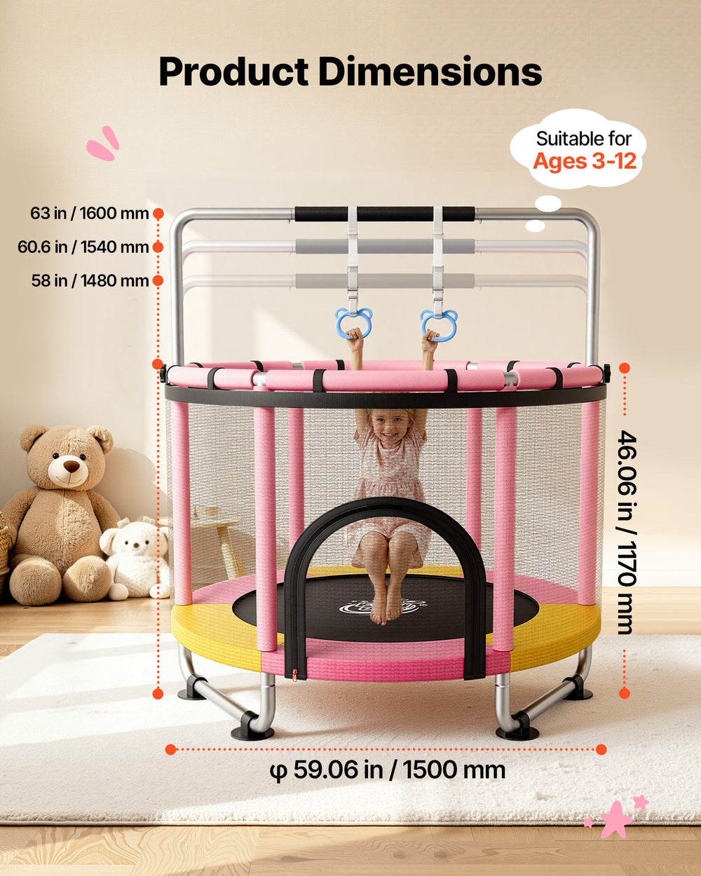 VEVOR 60" Trampoline for Kids, 5 FT Toddler Mini Trampoline, 132 lbs Indoor Outdoor Play Toys with Enclosure Net and Adjustable Gymnastics Bar, Christmas Toys Birthday Gifts for Girls Boys