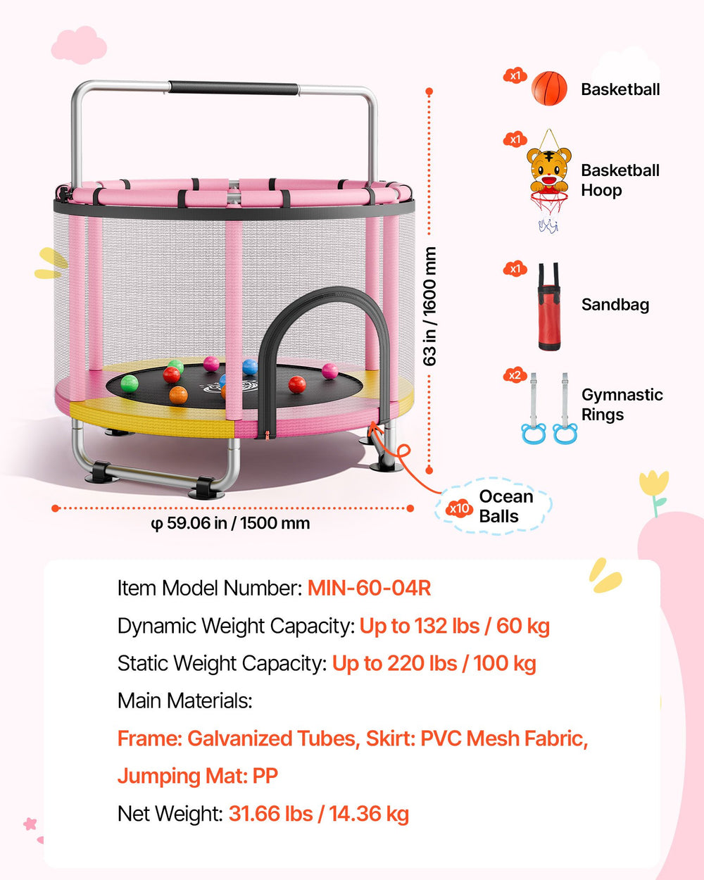 VEVOR 60" Trampoline for Kids, 5 FT Toddler Mini Trampoline, 132 lbs Indoor Outdoor Play Toys with Enclosure Net and Adjustable Gymnastics Bar, Christmas Toys Birthday Gifts for Girls Boys