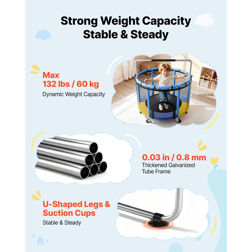 VEVOR 60" Trampoline for Kids, 5 FT Toddler Mini Trampoline, 132 lbs Indoor Outdoor Play Toys with Enclosure Net and Adjustable Gymnastics Bar, Christmas Toys Birthday Gifts for Girls Boys