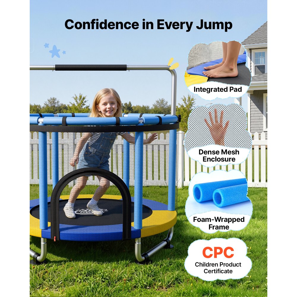 VEVOR 60" Trampoline for Kids, 5 FT Toddler Mini Trampoline, 132 lbs Indoor Outdoor Play Toys with Enclosure Net and Adjustable Gymnastics Bar, Christmas Toys Birthday Gifts for Girls Boys