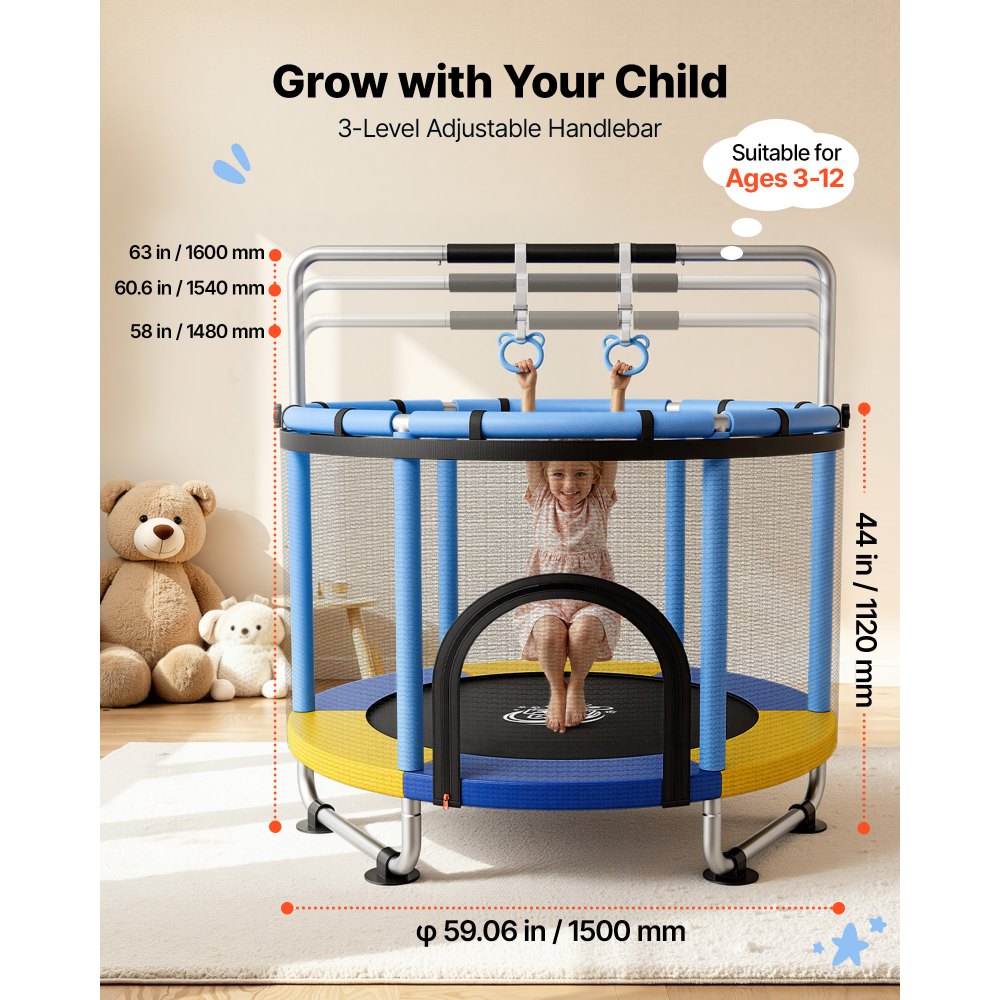 VEVOR 60" Trampoline for Kids, 5 FT Toddler Mini Trampoline, 132 lbs Indoor Outdoor Play Toys with Enclosure Net and Adjustable Gymnastics Bar, Christmas Toys Birthday Gifts for Girls Boys