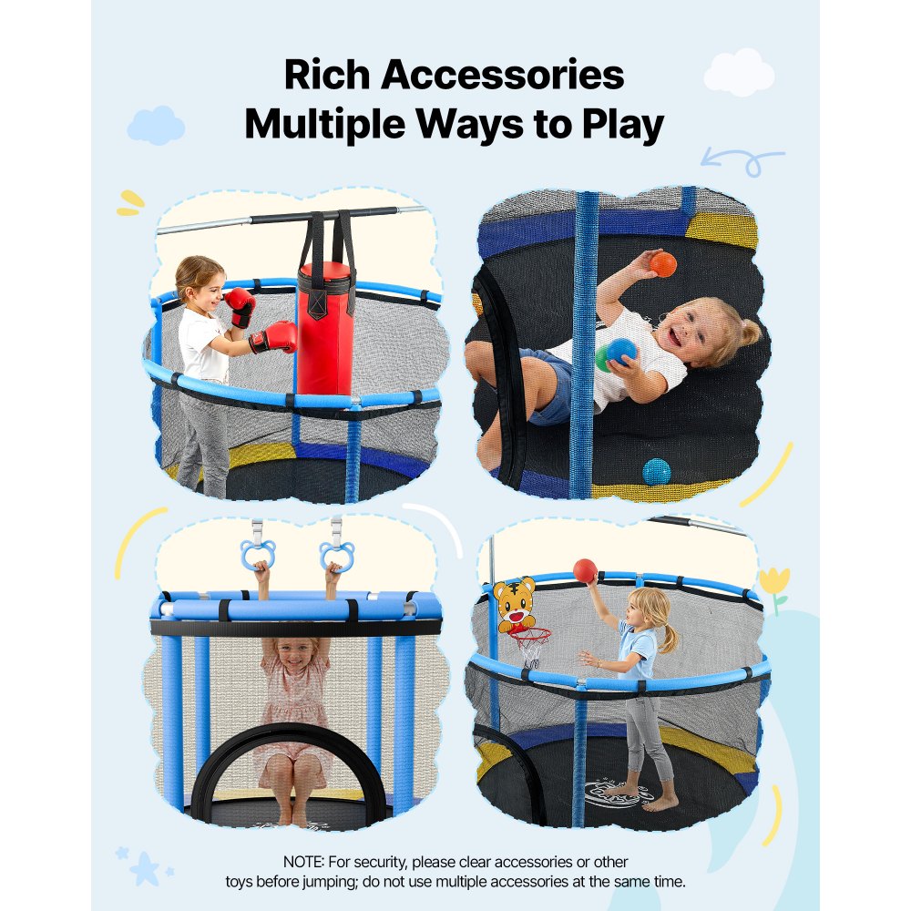 VEVOR 60" Trampoline for Kids, 5 FT Toddler Mini Trampoline, 132 lbs Indoor Outdoor Play Toys with Enclosure Net and Adjustable Gymnastics Bar, Christmas Toys Birthday Gifts for Girls Boys