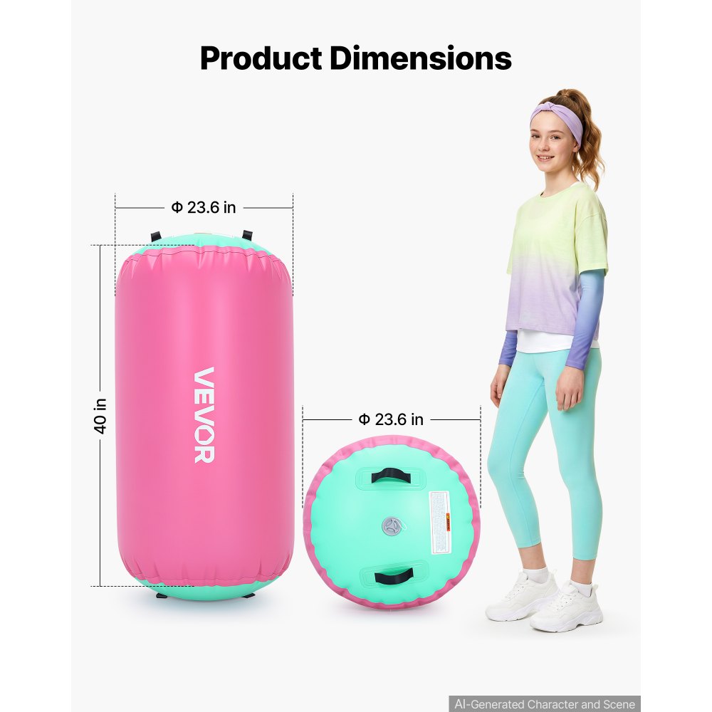 VEVOR Gymnastics Barrel Air Roller 23.6x40 in Inflatable Tumbling Air Mat, Octagon Tumbler Trainer with Electric Pump, Equipment for Back Handspring Training/Home Use/Gym/Yoga/Cheerleading, Pink
