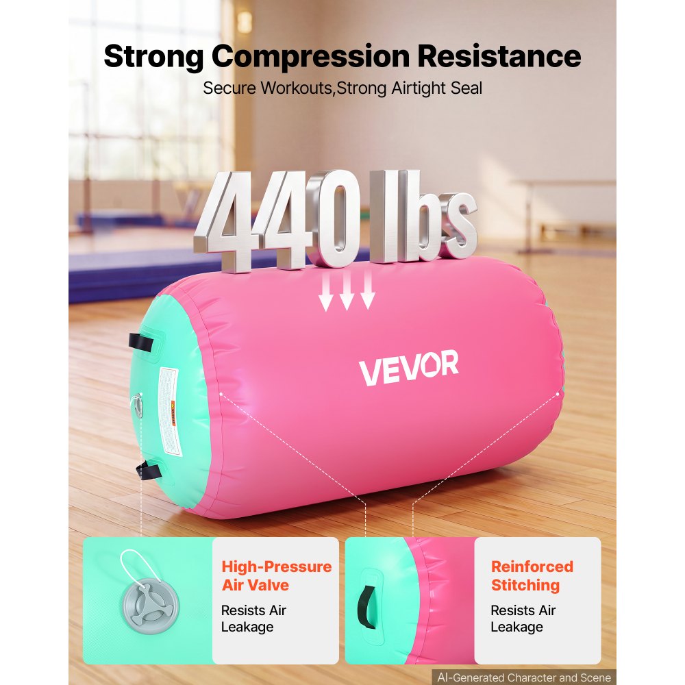 VEVOR Gymnastics Barrel Air Roller 23.6x40 in Inflatable Tumbling Air Mat, Octagon Tumbler Trainer with Electric Pump, Equipment for Back Handspring Training/Home Use/Gym/Yoga/Cheerleading, Pink