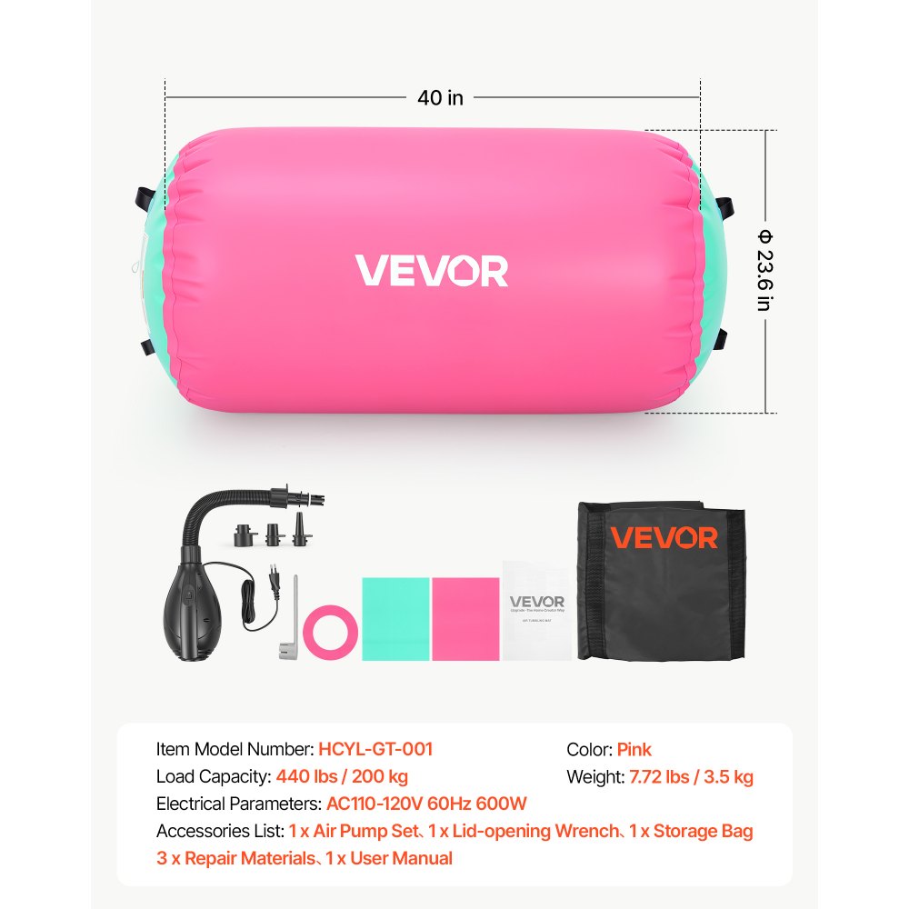 VEVOR Gymnastics Barrel Air Roller 23.6x40 in Inflatable Tumbling Air Mat, Octagon Tumbler Trainer with Electric Pump, Equipment for Back Handspring Training/Home Use/Gym/Yoga/Cheerleading, Pink