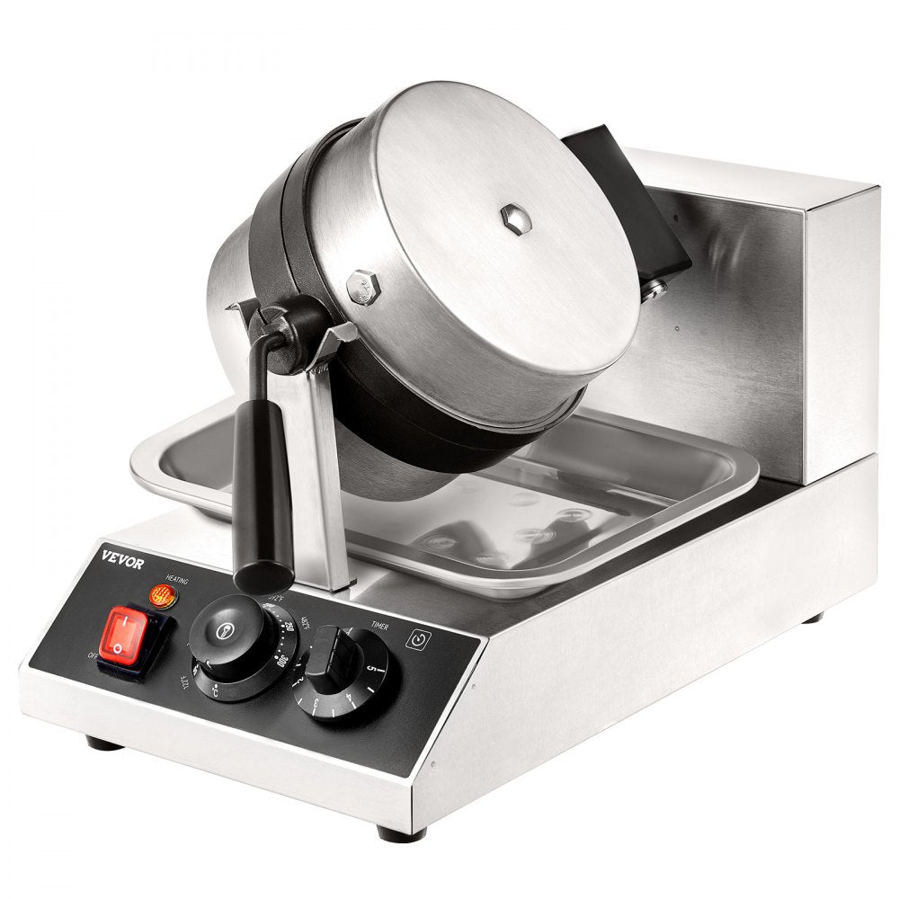 VEVOR Commercial Waffle Maker, 1 Piece per Batch, 1300W Round Waffle Iron, Non-Stick Waffle Baker Machine with 122-572℉ / 50-300℃ Temp Range Teflon-Coated Baking Pans Stainless Steel Body, 120V