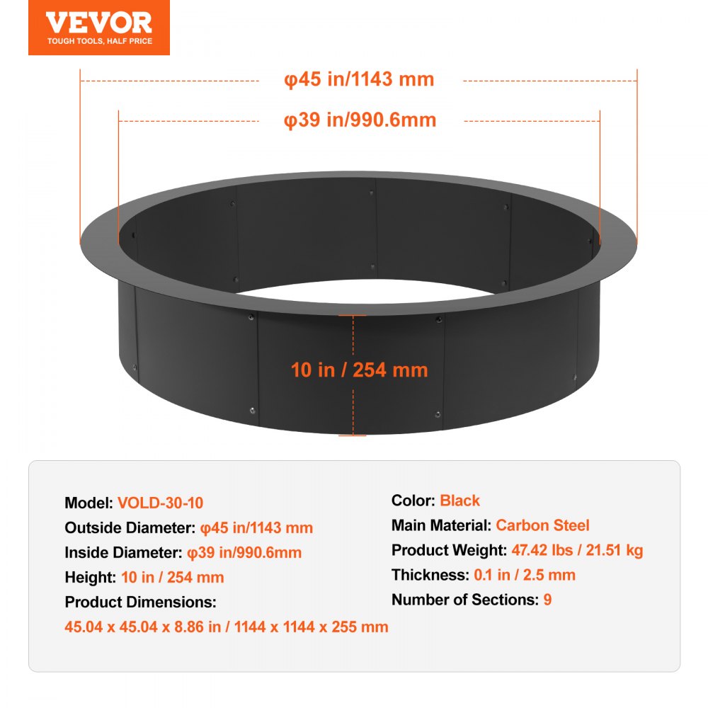 VEVOR Fire Pit Ring, 44-Inch Outer/39-Inch Inner Diameter, 10inch Height 2.5mm Thick Fire Pit Insert, Heavy Duty Carbon Steel Liner DIY Campfire Ring above or In-Ground, for Outdoor Camping, Bonfires