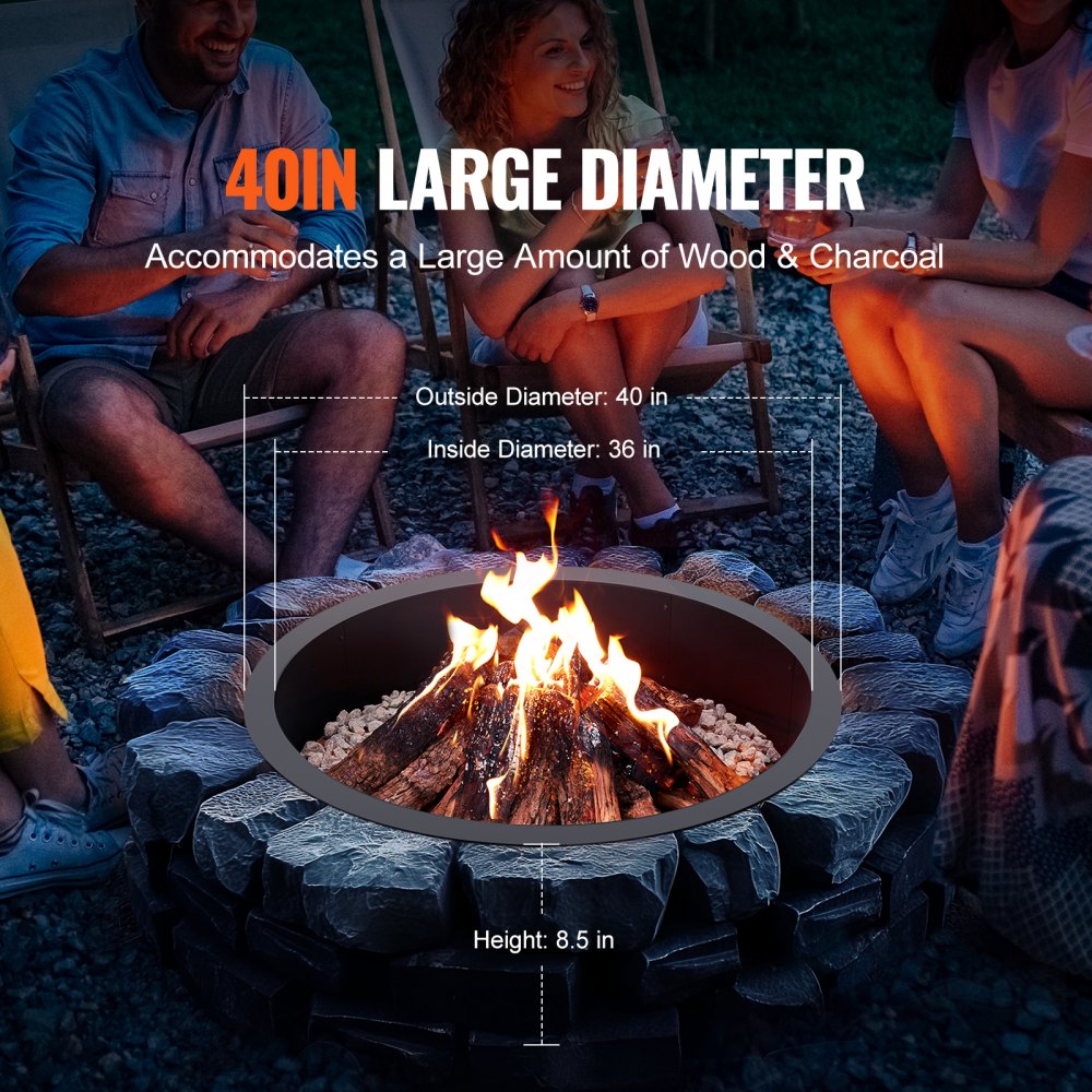 VEVOR Fire Pit Ring, 40-Inch Outer/36-Inch Inner Diameter, 8.5inch Height Fire Pit Insert, Heavy Duty Carbon Steel Liner DIY Campfire Ring above or In-Ground, for Outdoor Camping, Bonfires