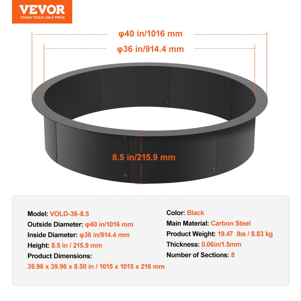 VEVOR Fire Pit Ring, 40-Inch Outer/36-Inch Inner Diameter, 8.5inch Height Fire Pit Insert, Heavy Duty Carbon Steel Liner DIY Campfire Ring above or In-Ground, for Outdoor Camping, Bonfires