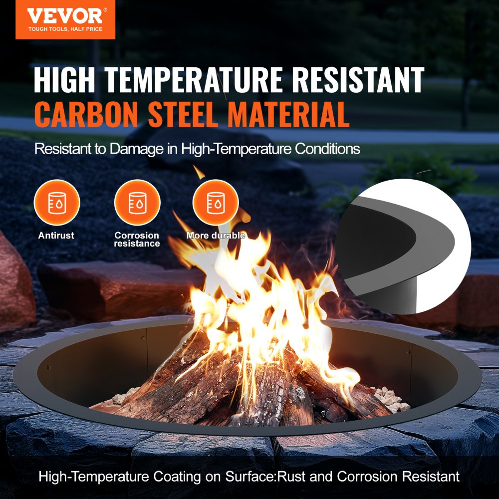 VEVOR Fire Pit Ring, 45-Inch Outer/39-Inch Inner Diameter, 10inch Height Fire Pit Insert, Heavy Duty Carbon Steel Liner DIY Campfire Ring above or In-Ground, for Outdoor Camping, Bonfires