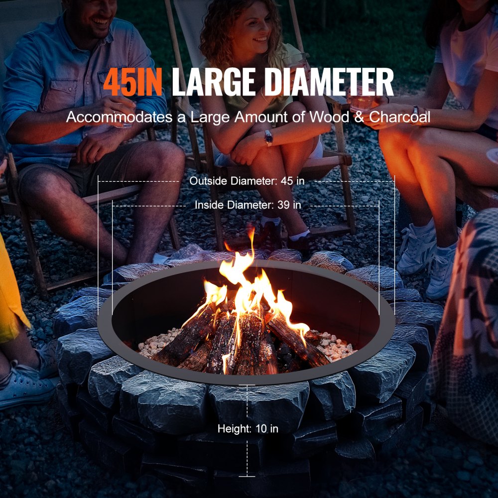 VEVOR Fire Pit Ring, 45-Inch Outer/39-Inch Inner Diameter, 10inch Height Fire Pit Insert, Heavy Duty Carbon Steel Liner DIY Campfire Ring above or In-Ground, for Outdoor Camping, Bonfires