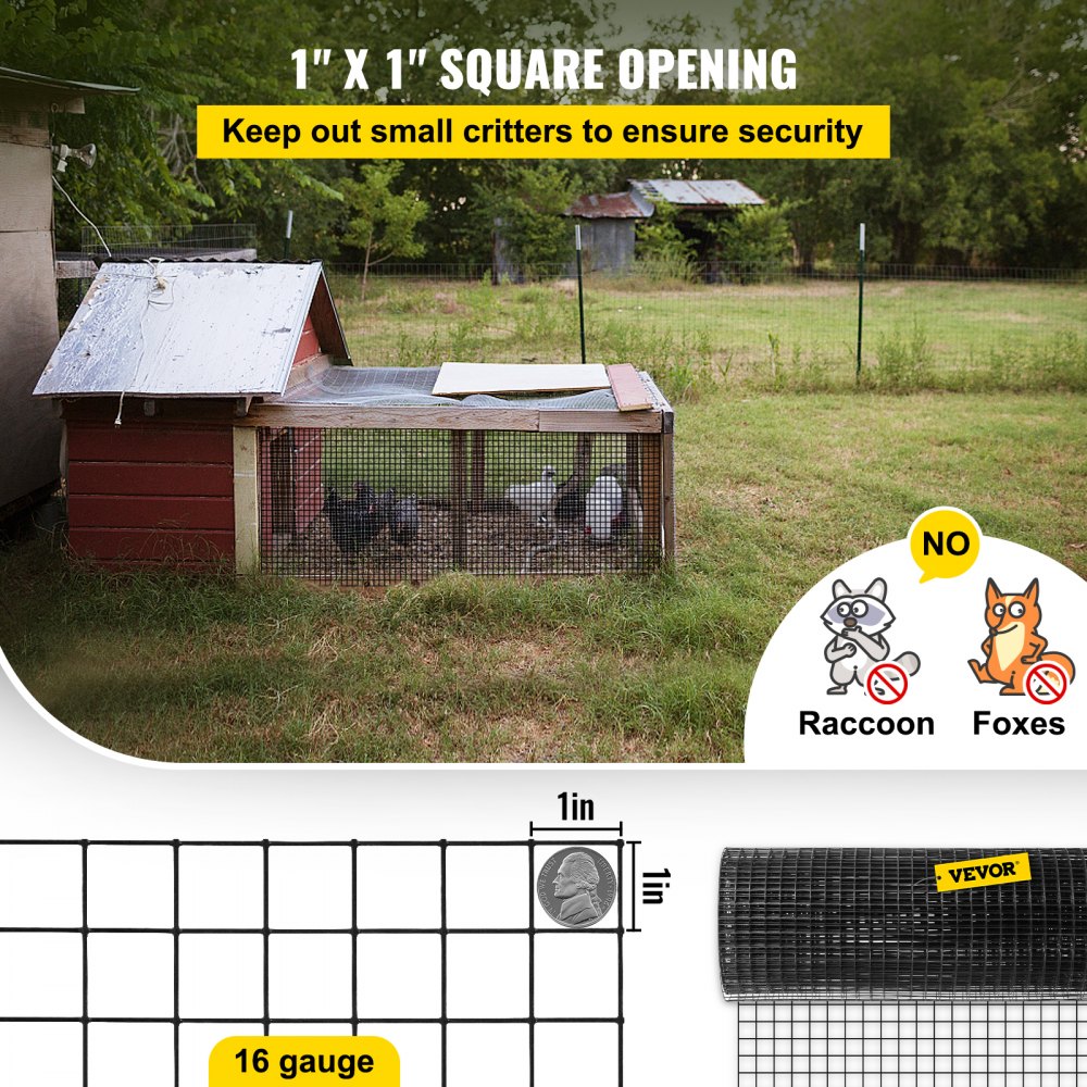 VEVOR Hardware Cloth, 24\" x50\' & 1\"x1\" Mesh Size, Galvanized Steel Vinyl Coated 16 Gauge Welded Wire with A Cutting Plier & A Pair of Fabric Gloves, for Garden Fencing & Pet Enclosures, Black