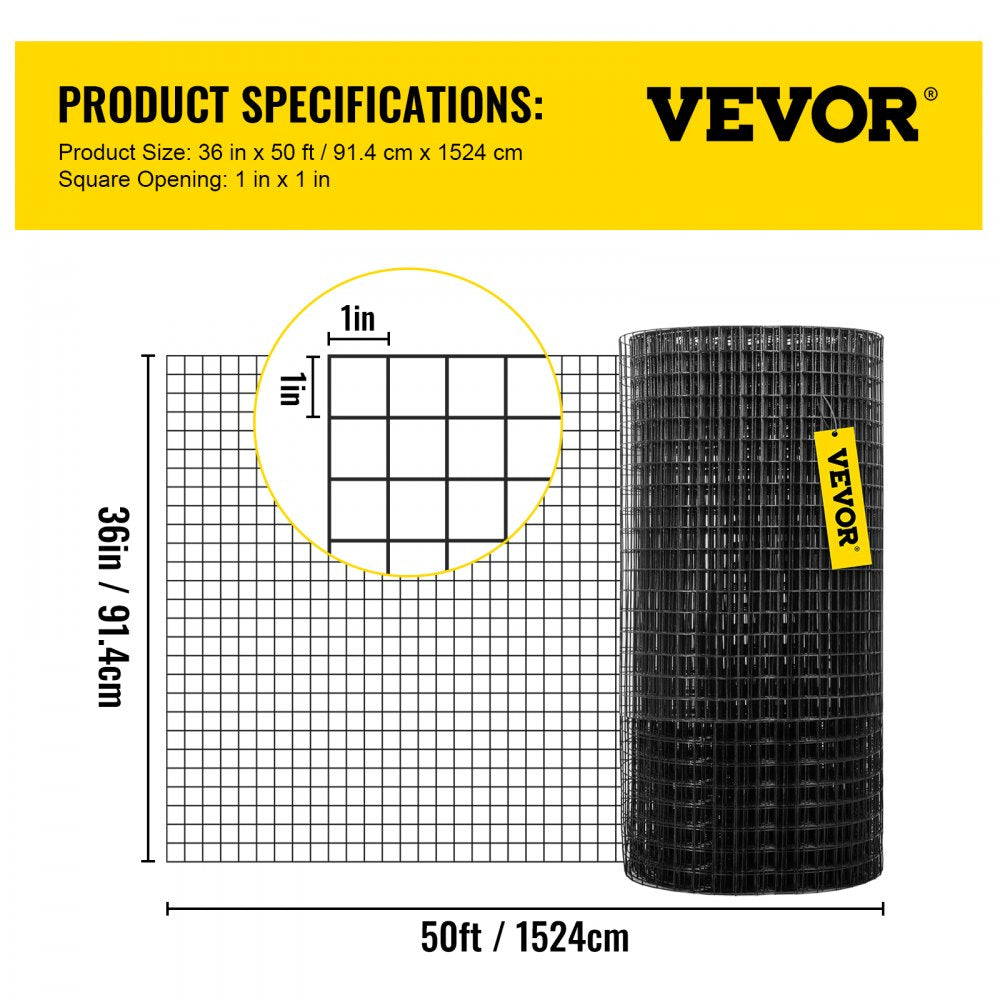 VEVOR Hardware Cloth, 36" x 50' & 1"x1" Mesh Size, Galvanized Steel Vinyl Coated 16 Gauge Chicken Wire Fencing with A Cutting Plier & A Pair of Fabric Gloves, for Garden Fencing & Pet Enclosures,